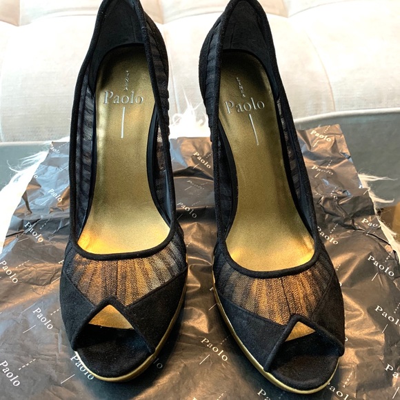 Paolo Linea Black Suede and Mesh, Gold Platform High Heels. US Size 8 - Picture 3 of 8